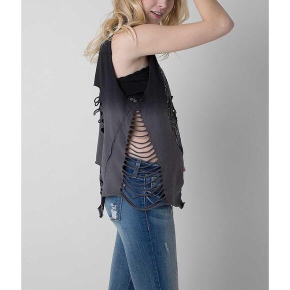 Affliction Womens T-Shirt Size Large Skull Patchwork Deconstructed Gothic Grunge - Picture 2 of 11